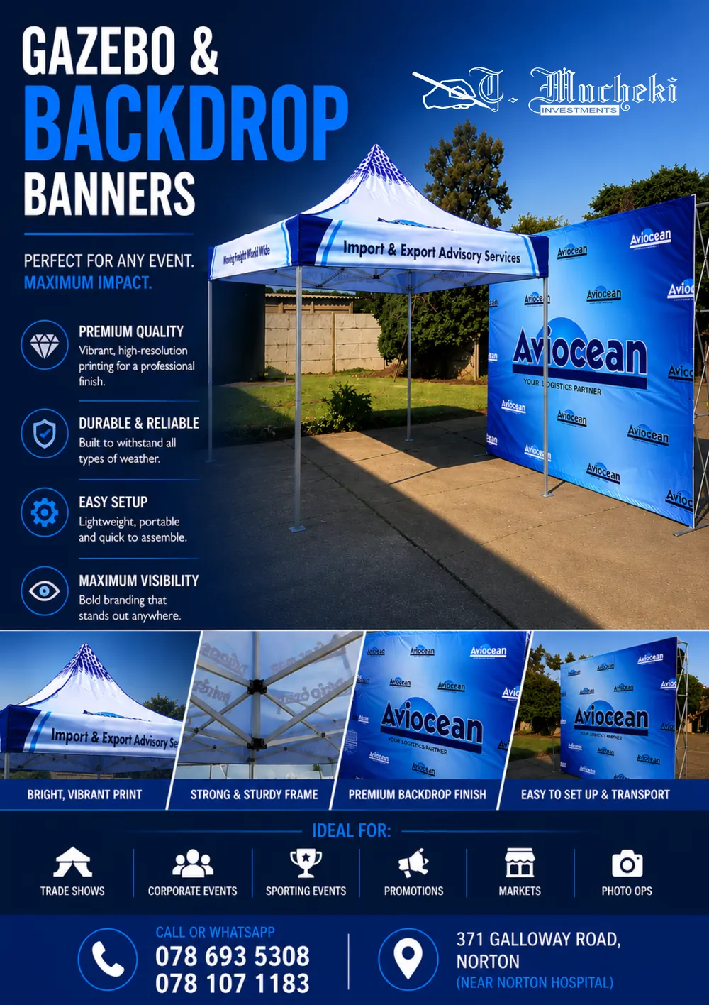 Flyer for gazebo and backdrop banners showing a printed gazebo and a printed backdrop, with contact details